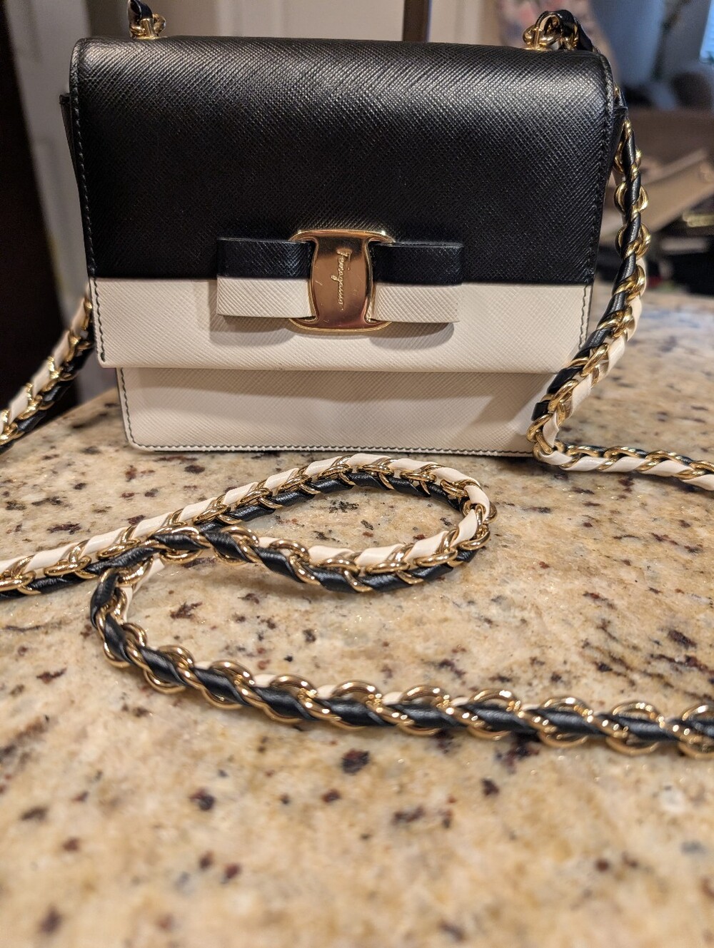 Salvatore Ferragamo Black & Cream Colorblock Shoulder Bag Gold Accents